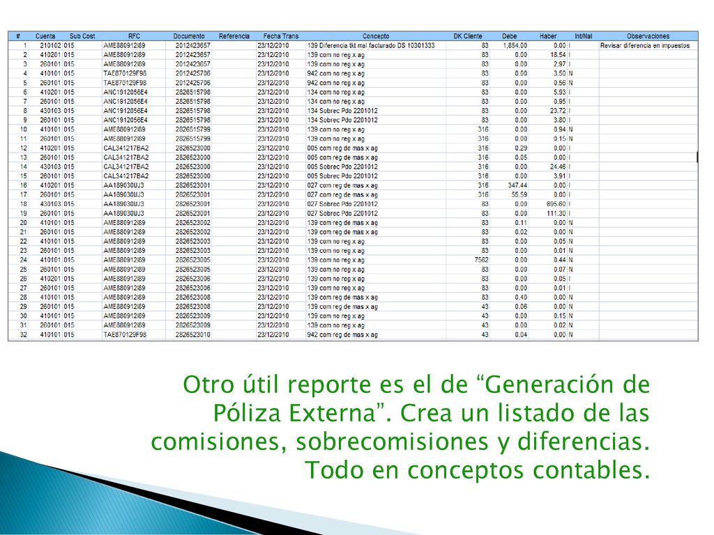Otro útil reporte es el de Generación de Póliza Externa