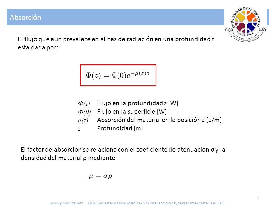 Absorción El flujo que aun prevalece en el haz de radiación en una profundidad z. esta dada por: Φ(z)
