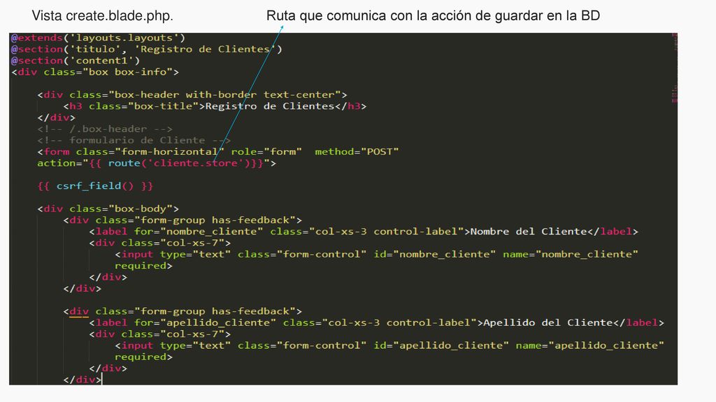 Vista create.blade.php. Ruta que comunica con la acción de guardar en la BD