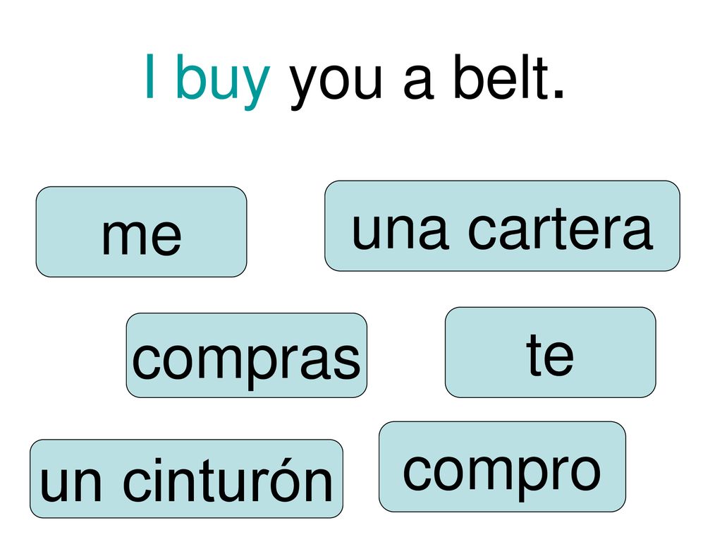 I buy you a belt. una cartera me te compras compro un cinturón