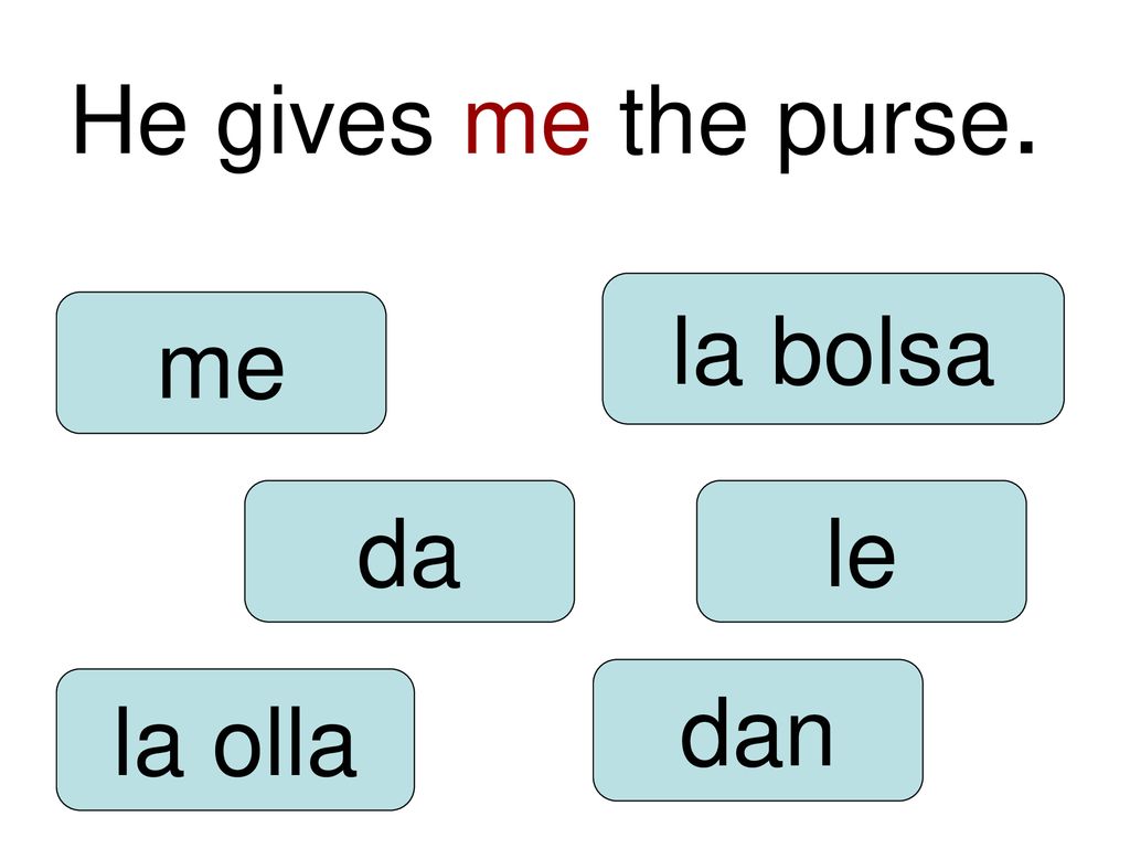 He gives me the purse. la bolsa me da le dan la olla