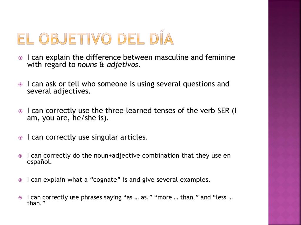 El objetivo del día I can explain the difference between masculine and feminine with regard to nouns & adjetivos.