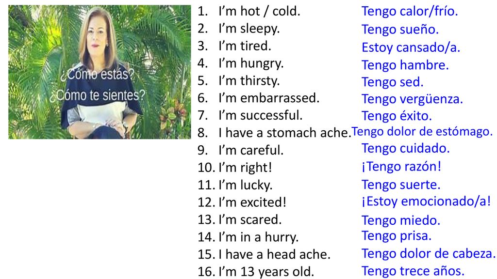 I’m hot / cold. I’m sleepy. I’m tired. I’m hungry. I’m thirsty.
