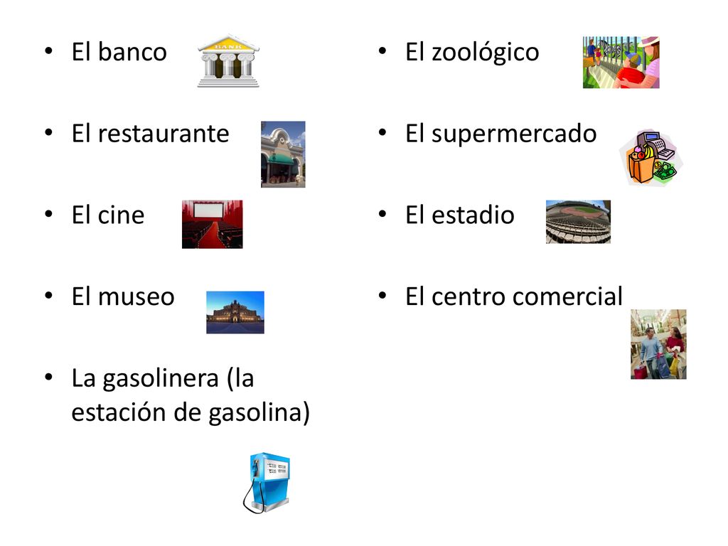 El banco El restaurante. El cine. El museo. La gasolinera (la estación de gasolina) El zoológico.