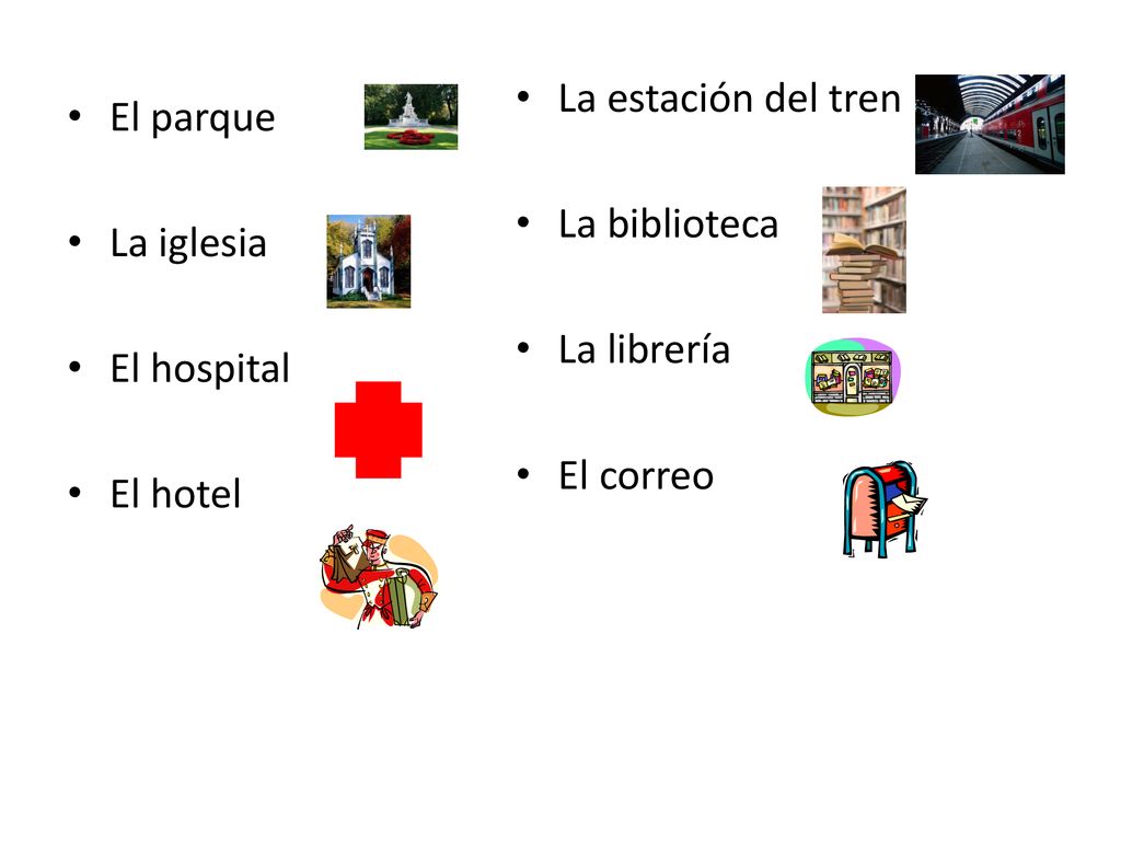 La estación del tren La biblioteca La librería El correo El parque La iglesia El hospital El hotel
