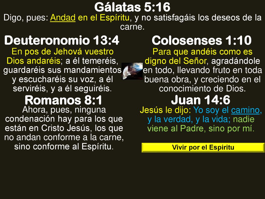 Gálatas 5:16 Deuteronomio 13:4 Colosenses 1:10 Romanos 8:1 Juan 14:6