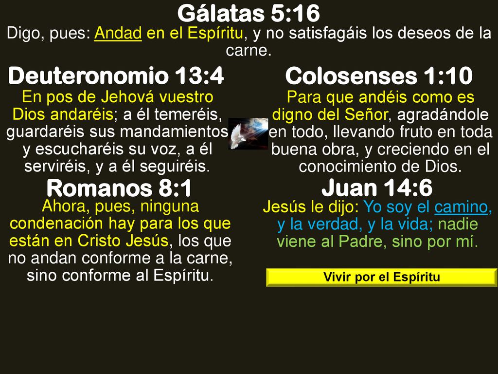 Gálatas 5:16 Deuteronomio 13:4 Colosenses 1:10 Romanos 8:1 Juan 14:6