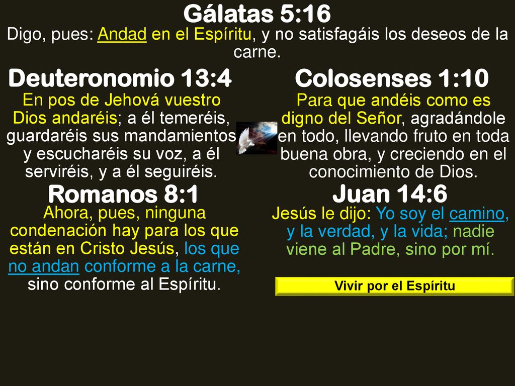 Gálatas 5:16 Deuteronomio 13:4 Colosenses 1:10 Romanos 8:1 Juan 14:6