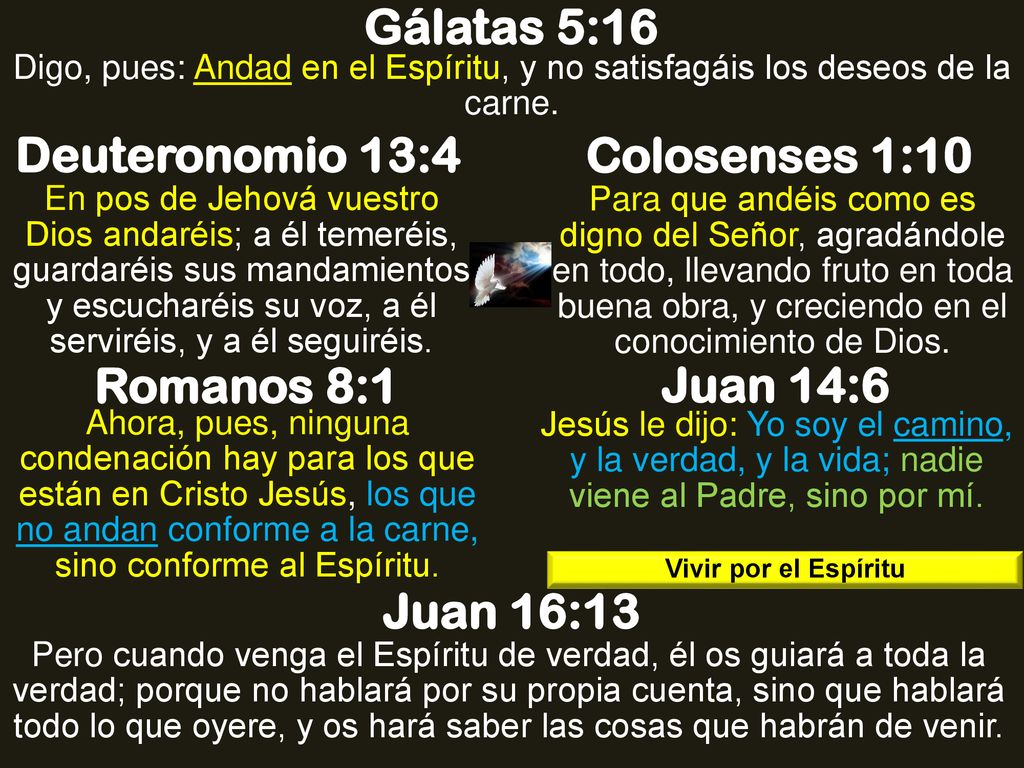 Gálatas 5:16 Deuteronomio 13:4 Colosenses 1:10 Romanos 8:1 Juan 14:6