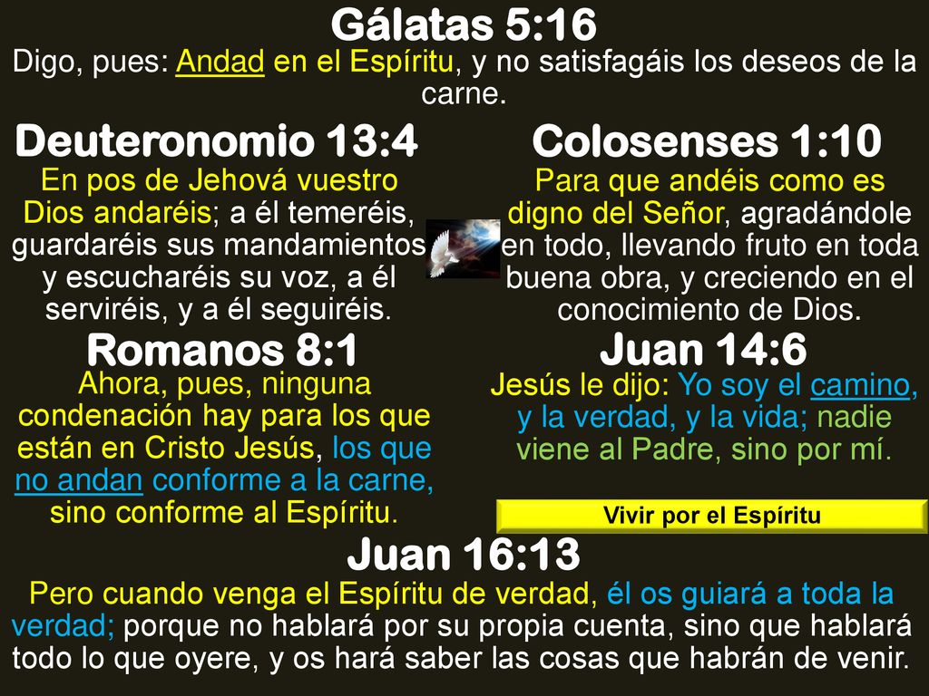 Gálatas 5:16 Deuteronomio 13:4 Colosenses 1:10 Romanos 8:1 Juan 14:6