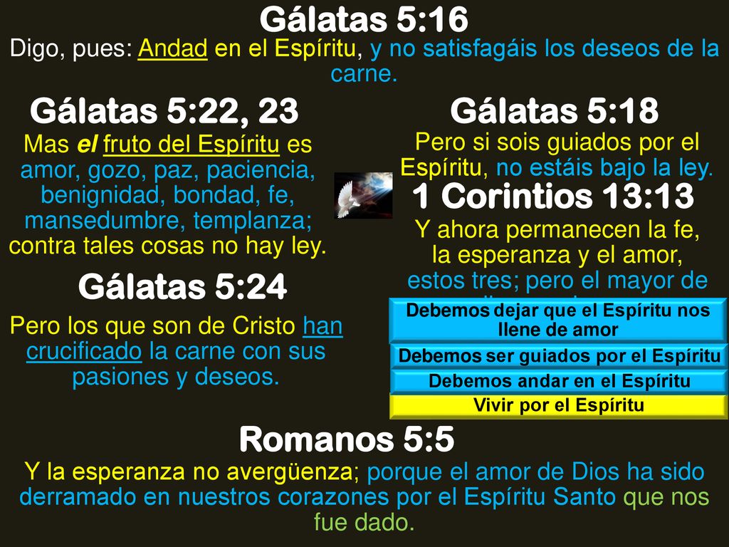 Gálatas 5:16 Gálatas 5:22, 23 Gálatas 5:18 1 Corintios 13:13