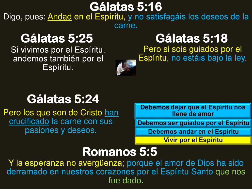 Gálatas 5:16 Gálatas 5:25 Gálatas 5:18 Gálatas 5:24 Romanos 5:5