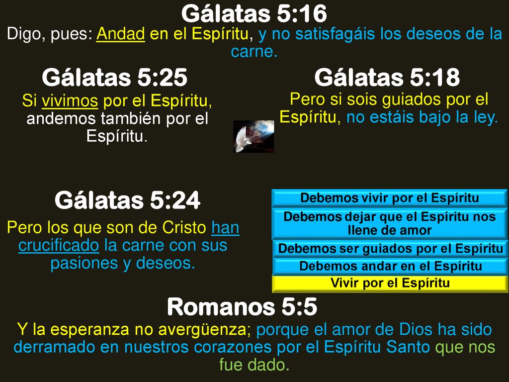 Gálatas 5:16 Gálatas 5:25 Gálatas 5:18 Gálatas 5:24 Romanos 5:5