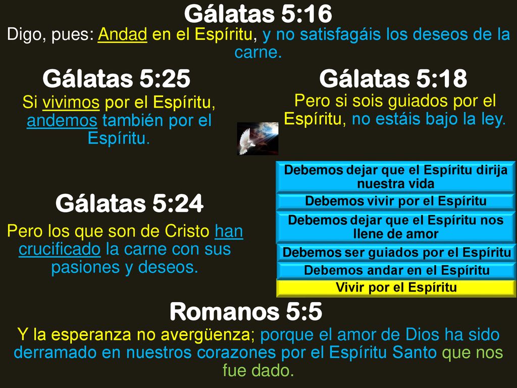 Gálatas 5:16 Gálatas 5:25 Gálatas 5:18 Gálatas 5:24 Romanos 5:5
