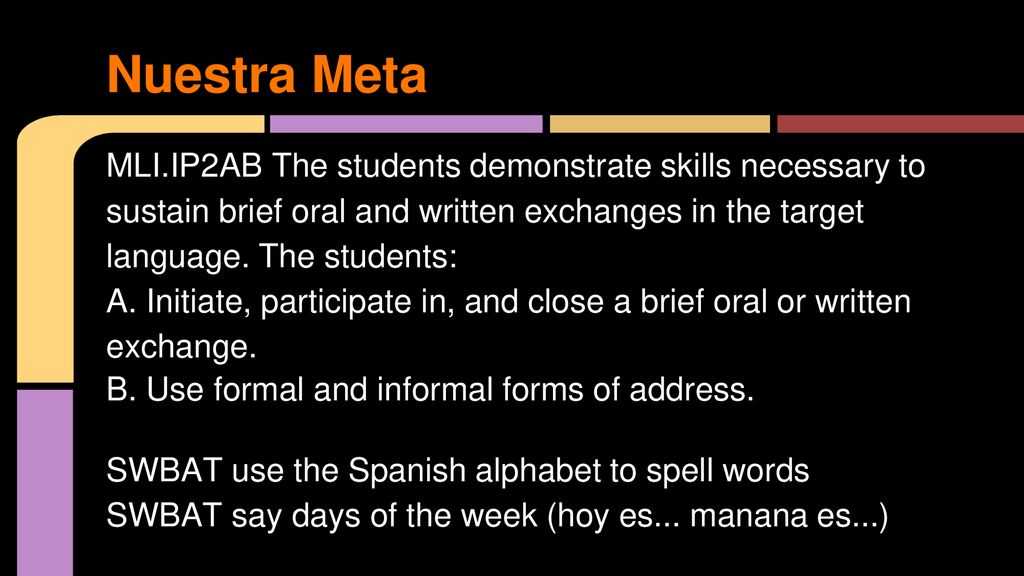 Nuestra Meta MLI.IP2AB The students demonstrate skills necessary to sustain brief oral and written exchanges in the target language. The students: