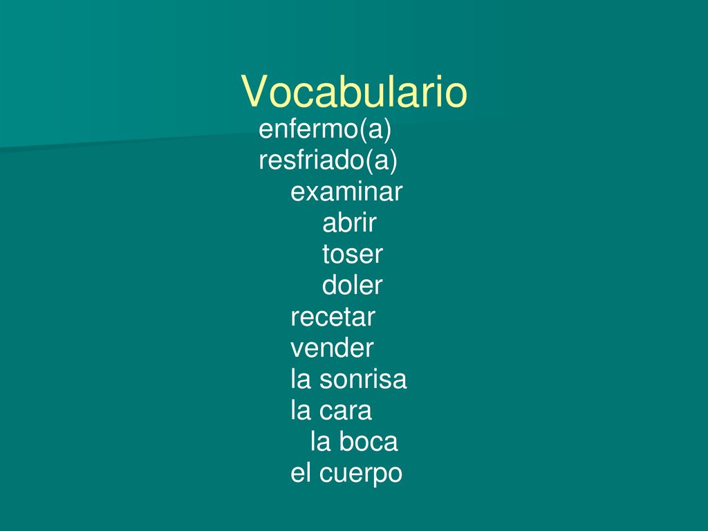 Vocabulario enfermo(a) resfriado(a) examinar abrir toser doler recetar vender la sonrisa la cara la boca.