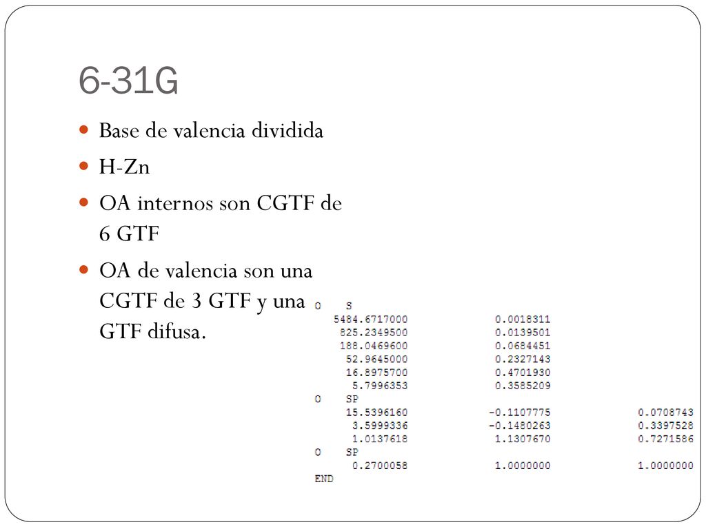 6-31G Base de valencia dividida H-Zn OA internos son CGTF de 6 GTF