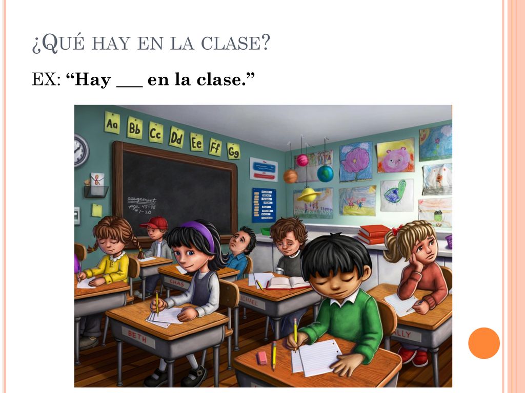 ¿Qué hay en la clase EX: Hay ___ en la clase.