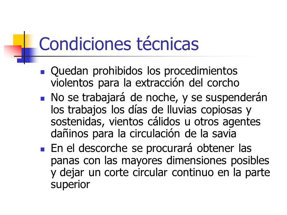 Condiciones técnicas Quedan prohibidos los procedimientos violentos para la extracción del corcho.