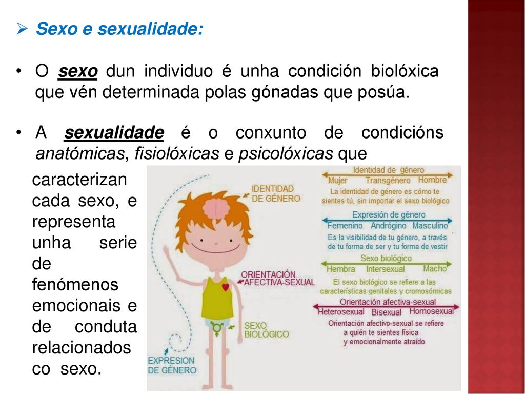 Sexo e sexualidade: O sexo dun individuo é unha condición biolóxica que vén determinada polas gónadas que posúa.