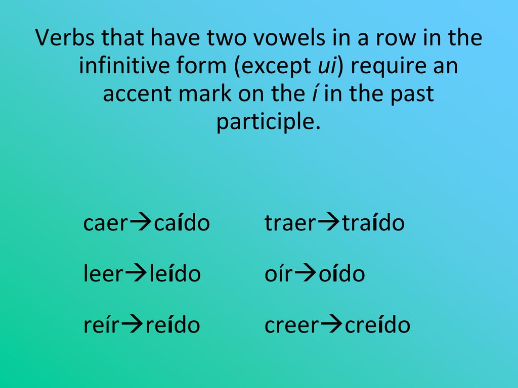 Verbs that have two vowels in a row in the infinitive form (except ui) require an accent mark on the í in the past participle.