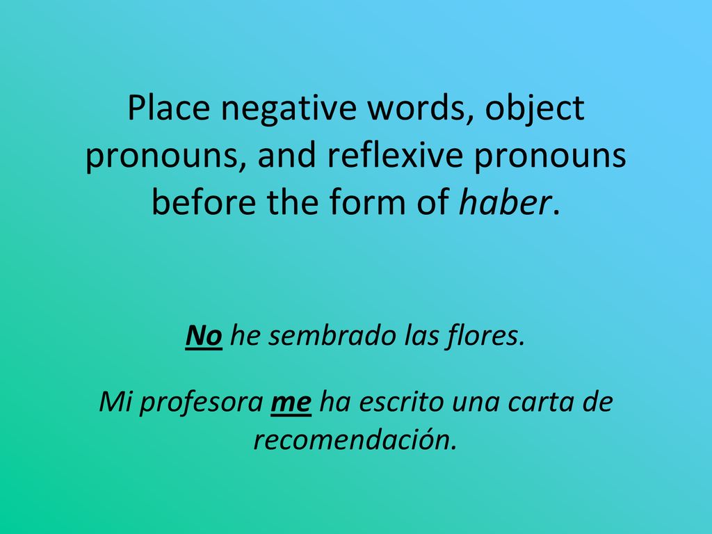 Place negative words, object pronouns, and reflexive pronouns before the form of haber.