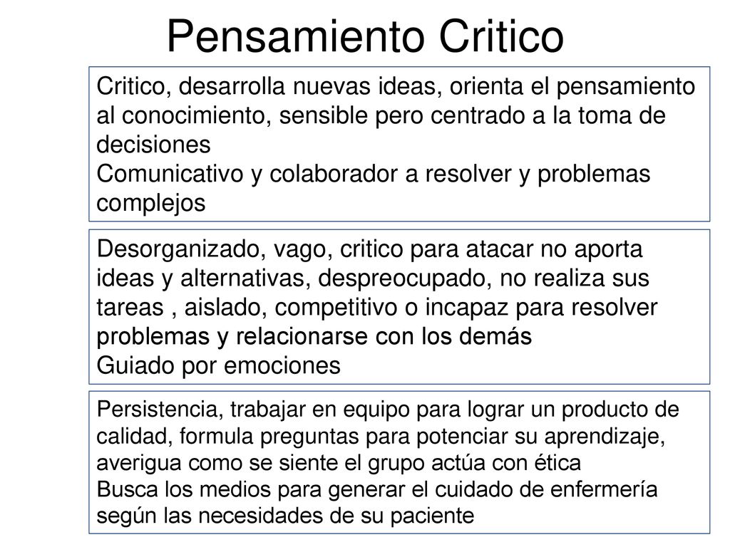 Pensamiento Critico Critico, desarrolla nuevas ideas, orienta el pensamiento al conocimiento, sensible pero centrado a la toma de decisiones.
