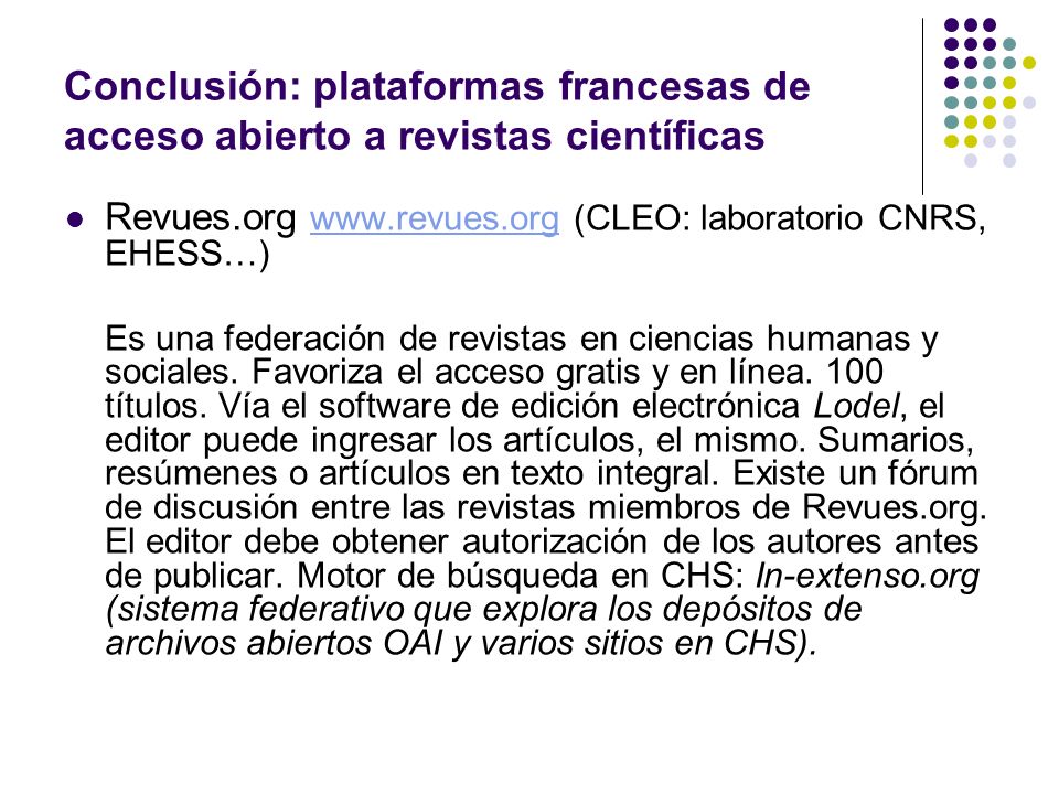 Conclusión: plataformas francesas de acceso abierto a revistas científicas