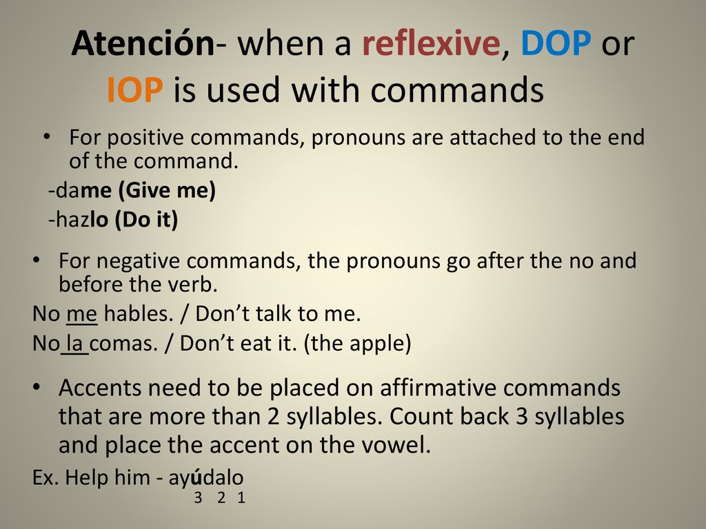 Atención- when a reflexive, DOP or IOP is used with commands