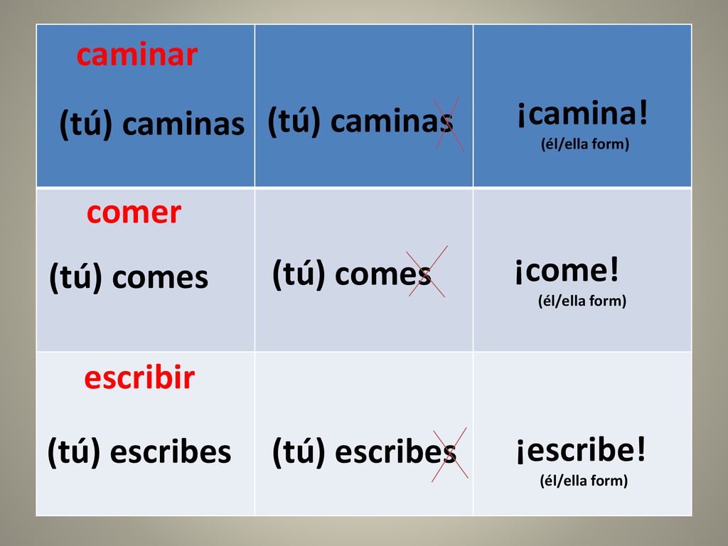 caminar ¡camina! (tú) caminas (tú) caminas comer (tú) comes (tú) comes