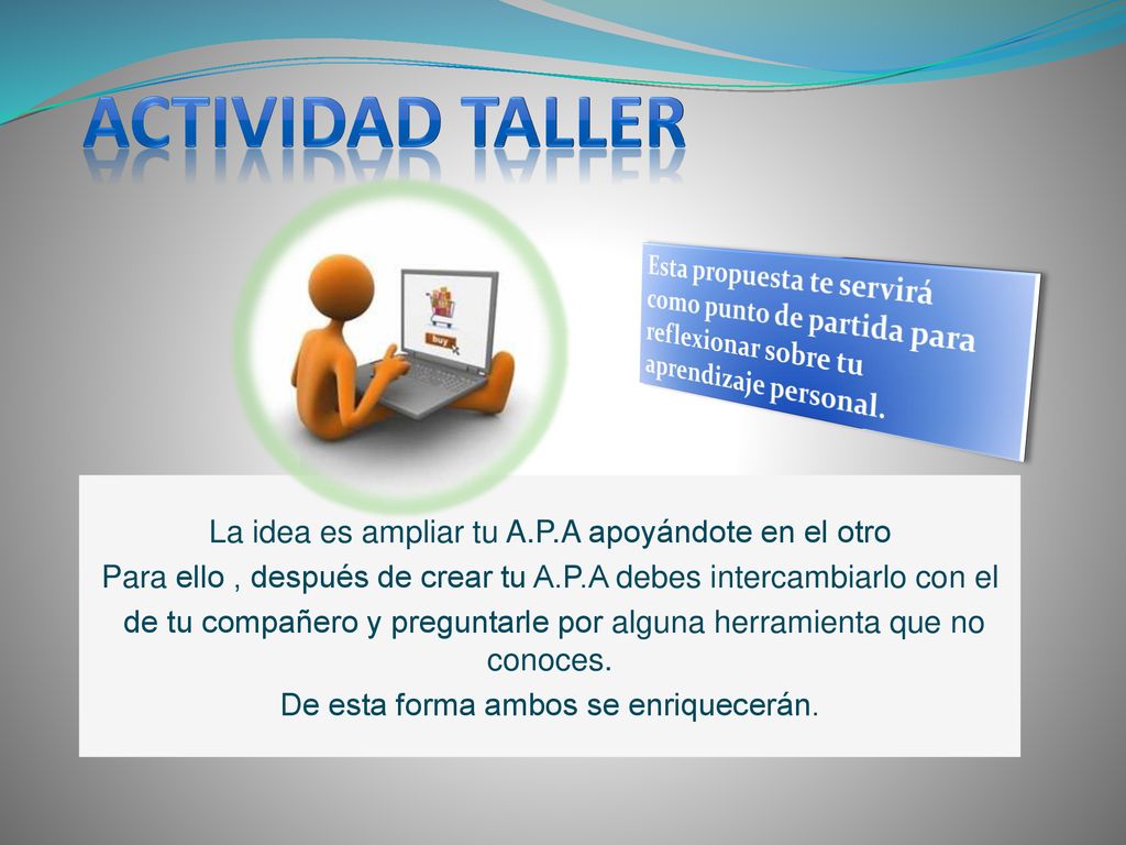 Actividad taller Esta propuesta te servirá como punto de partida para reflexionar sobre tu aprendizaje personal.