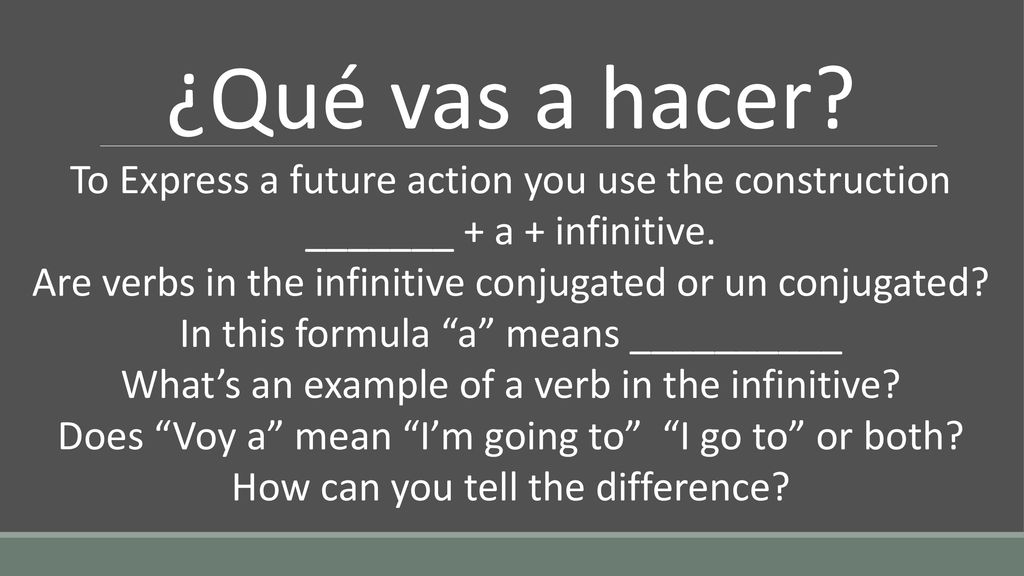 ¿Qué vas a hacer To Express a future action you use the construction _______ + a + infinitive.