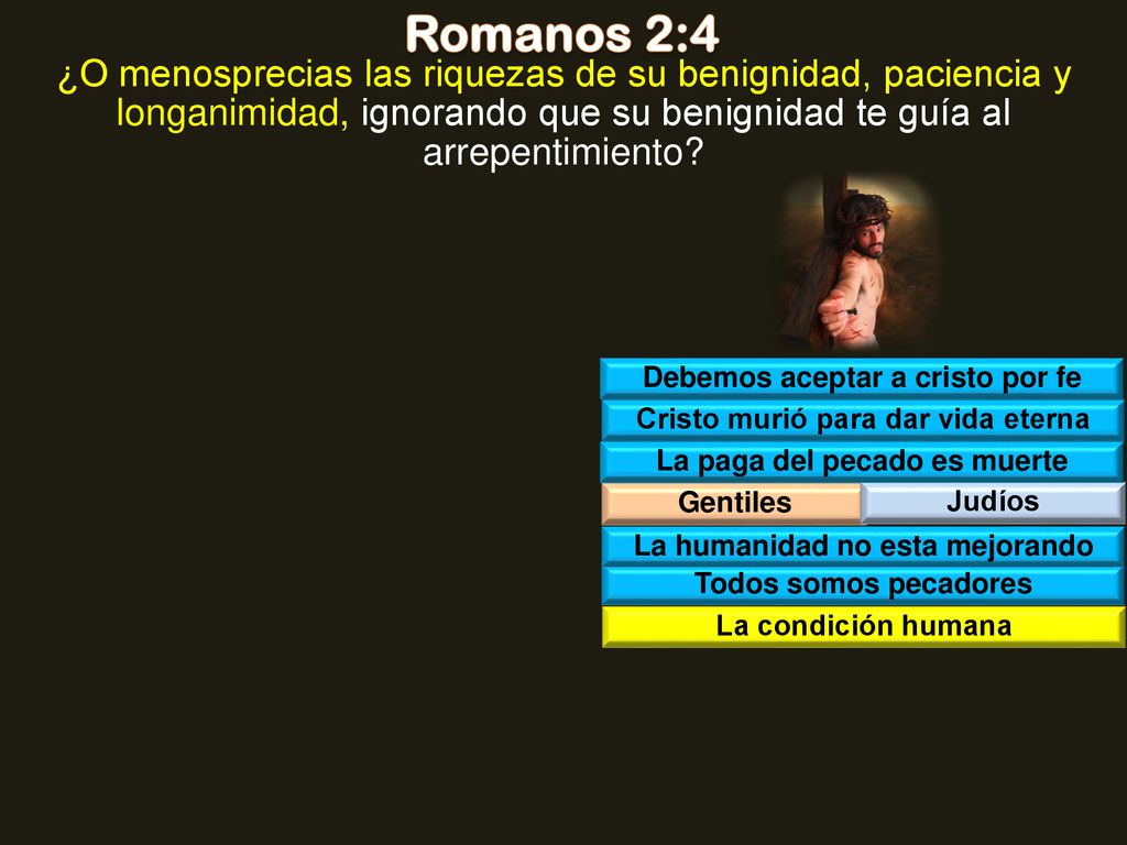 Romanos 2:4 ¿O menosprecias las riquezas de su benignidad, paciencia y longanimidad, ignorando que su benignidad te guía al arrepentimiento