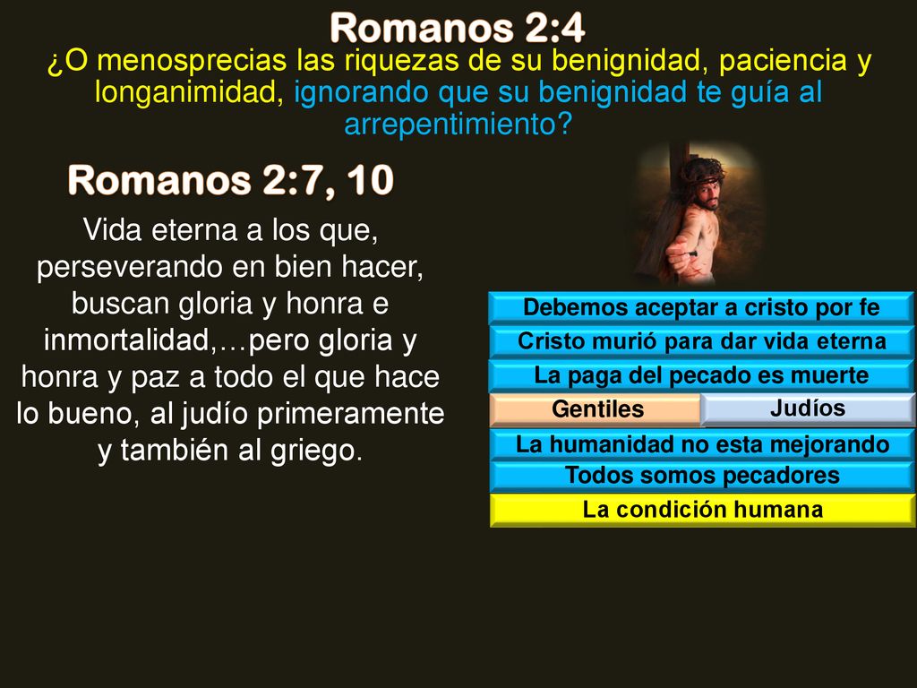 Romanos 2:4 ¿O menosprecias las riquezas de su benignidad, paciencia y longanimidad, ignorando que su benignidad te guía al arrepentimiento