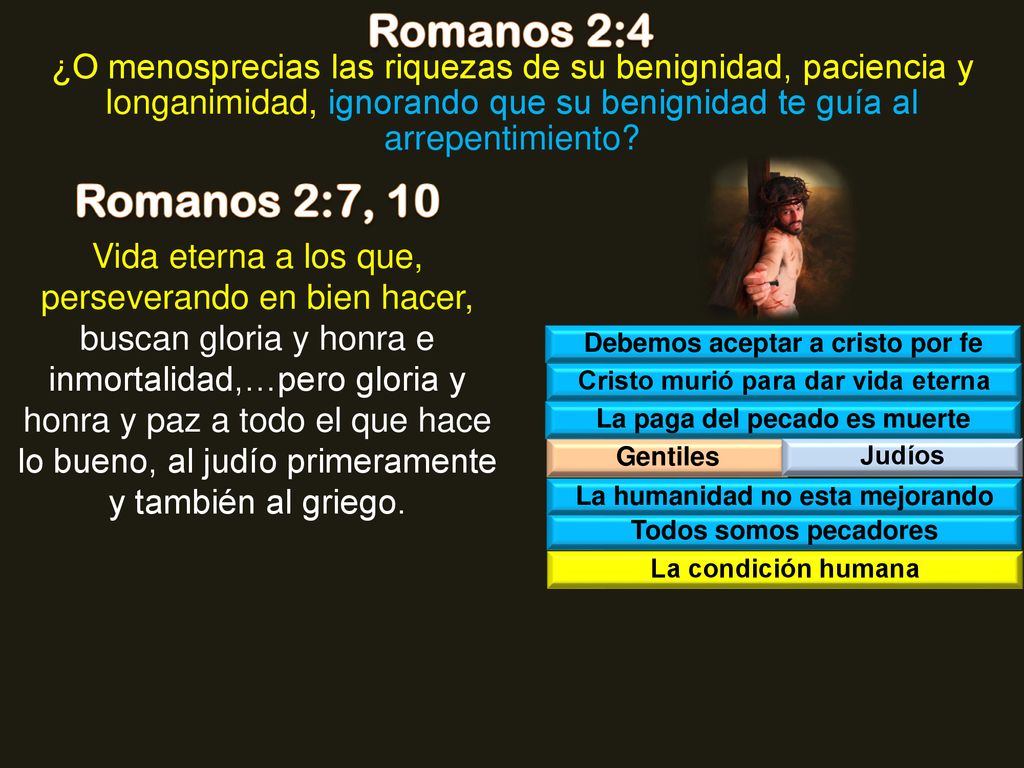 Romanos 2:4 ¿O menosprecias las riquezas de su benignidad, paciencia y longanimidad, ignorando que su benignidad te guía al arrepentimiento
