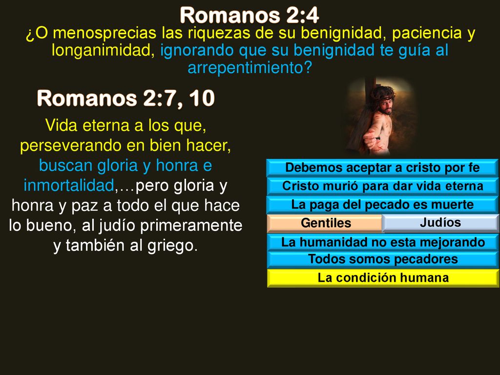 Romanos 2:4 ¿O menosprecias las riquezas de su benignidad, paciencia y longanimidad, ignorando que su benignidad te guía al arrepentimiento