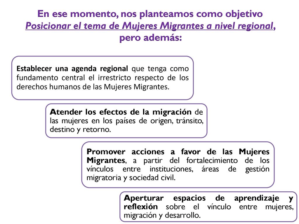 En ese momento, nos planteamos como objetivo Posicionar el tema de Mujeres Migrantes a nivel regional, pero además: