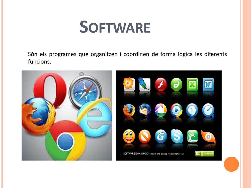 Software Són els programes que organitzen i coordinen de forma lògica les diferents funcions.