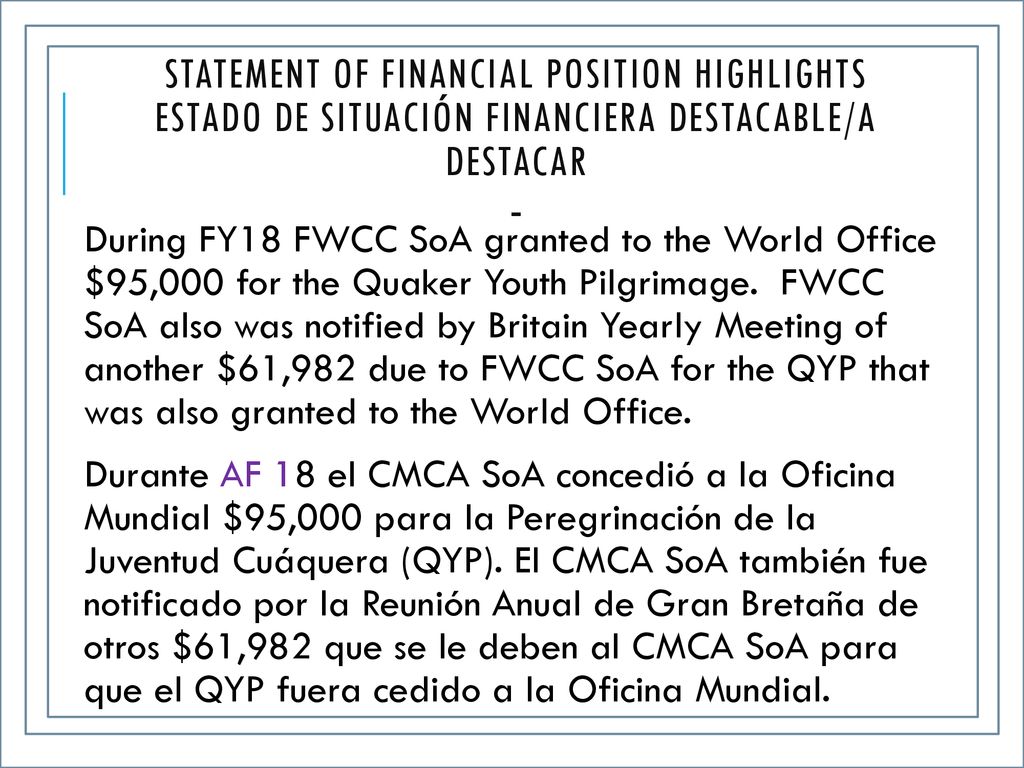 Statement of Financial Position Highlights Estado de Situación Financiera destacable/a destacar -