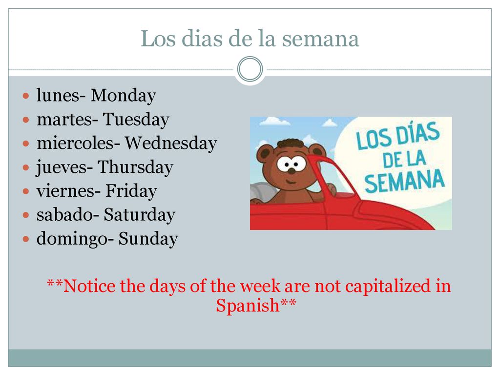 **Notice the days of the week are not capitalized in Spanish**