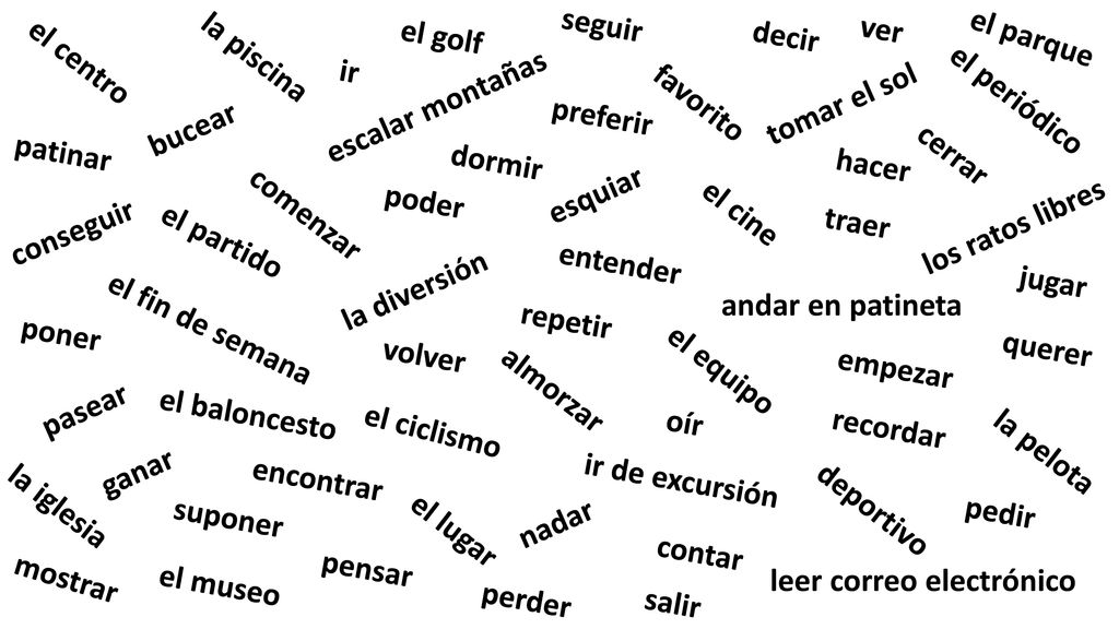 seguir el golf. decir. ver. el parque. la piscina. el centro. ir. escalar montañas. tomar el sol.