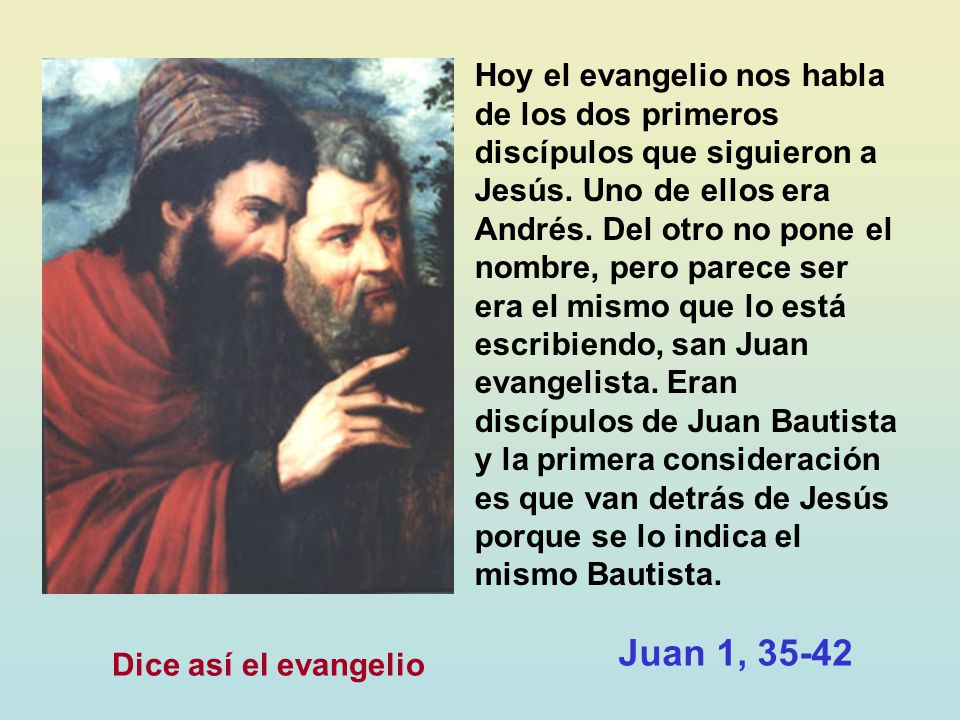 Hoy el evangelio nos habla de los dos primeros discípulos que siguieron a Jesús. Uno de ellos era Andrés. Del otro no pone el nombre, pero parece ser era el mismo que lo está escribiendo, san Juan evangelista. Eran discípulos de Juan Bautista y la primera consideración es que van detrás de Jesús porque se lo indica el mismo Bautista.