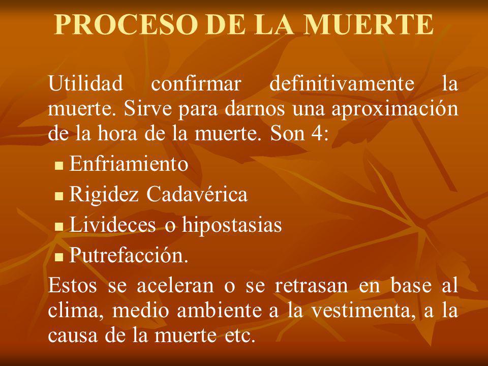 PROCESO DE LA MUERTE Utilidad confirmar definitivamente la muerte. Sirve para darnos una aproximación de la hora de la muerte. Son 4: