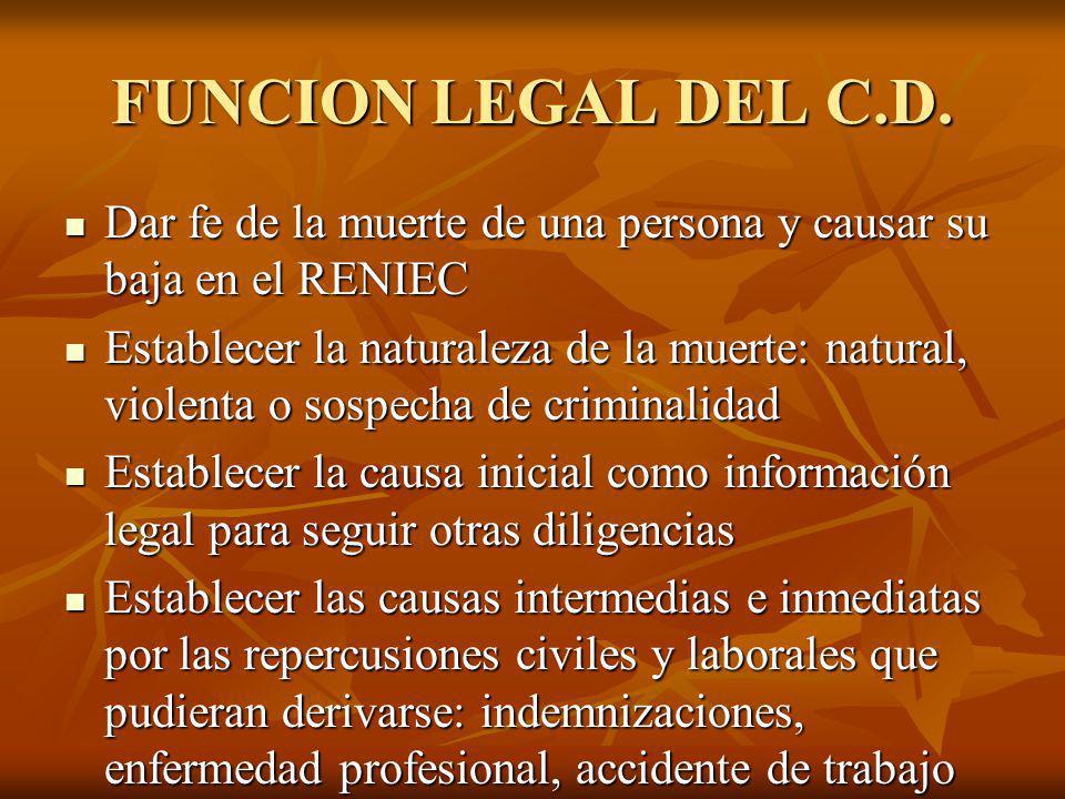 FUNCION LEGAL DEL C.D. Dar fe de la muerte de una persona y causar su baja en el RENIEC.