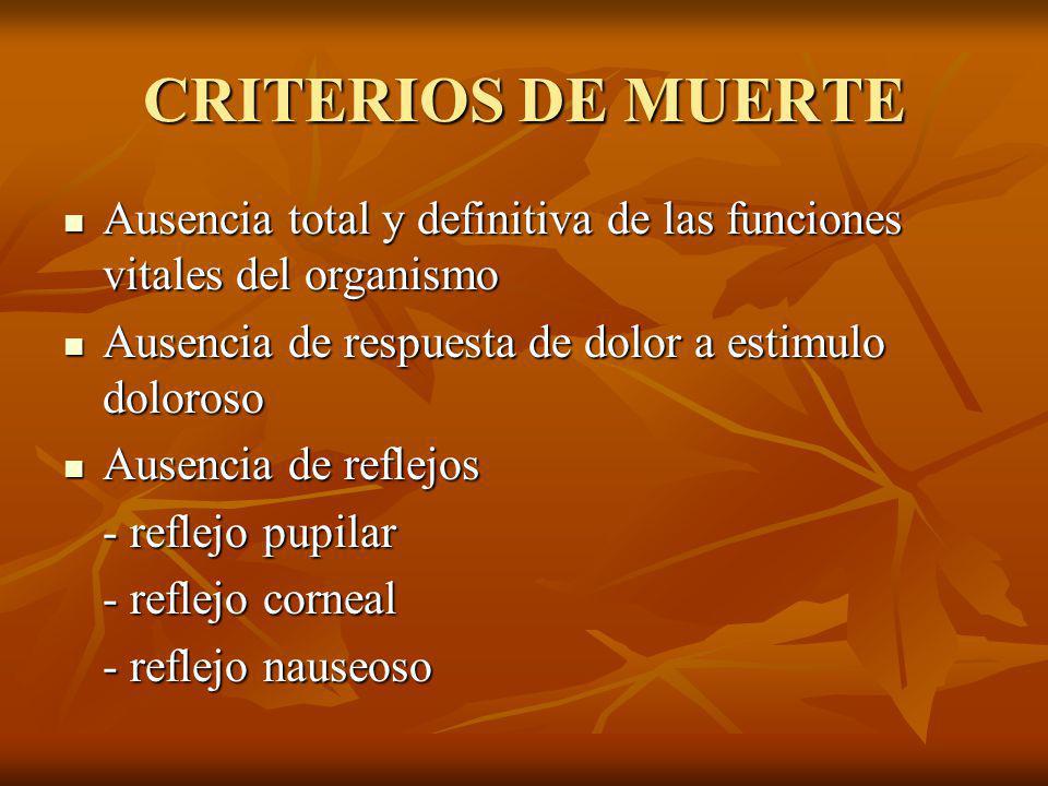 CRITERIOS DE MUERTE Ausencia total y definitiva de las funciones vitales del organismo. Ausencia de respuesta de dolor a estimulo doloroso.