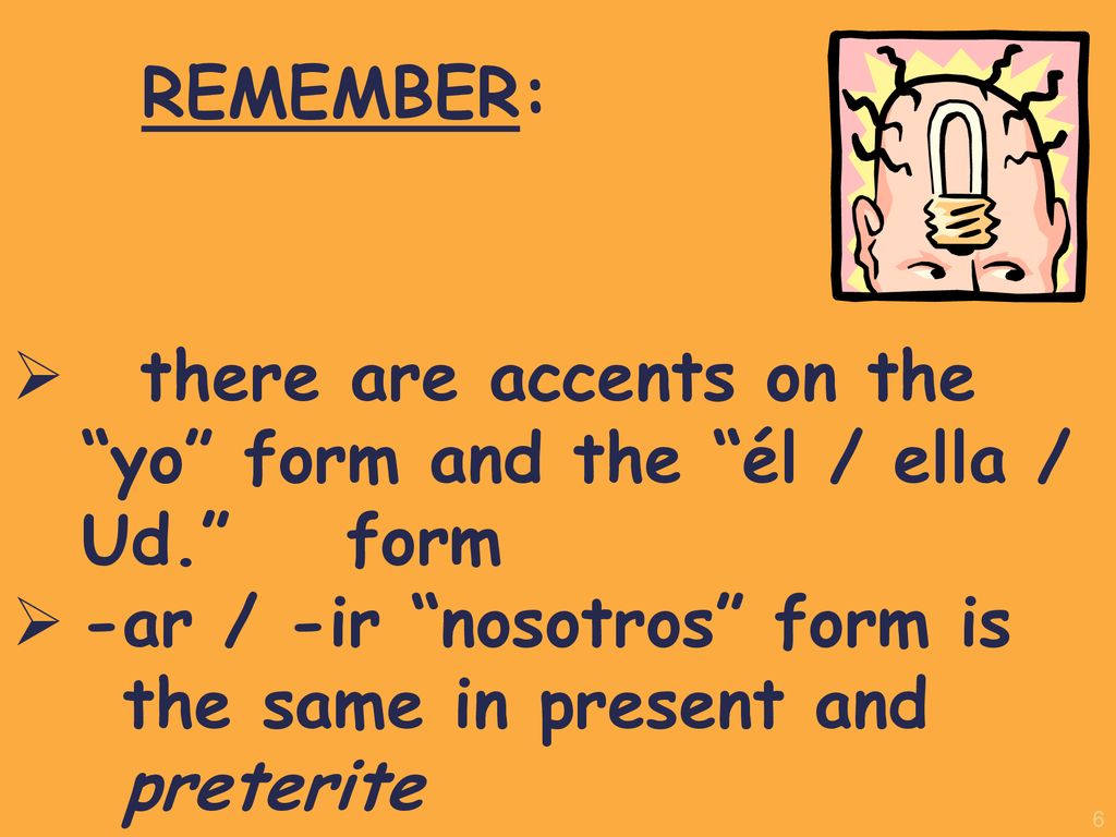 REMEMBER: there are accents on the yo form and the él / ella / Ud. form.