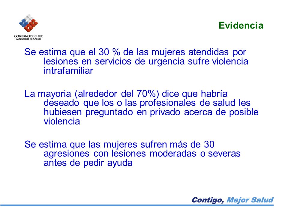 Evidencia Se estima que el 30 % de las mujeres atendidas por lesiones en servicios de urgencia sufre violencia intrafamiliar.