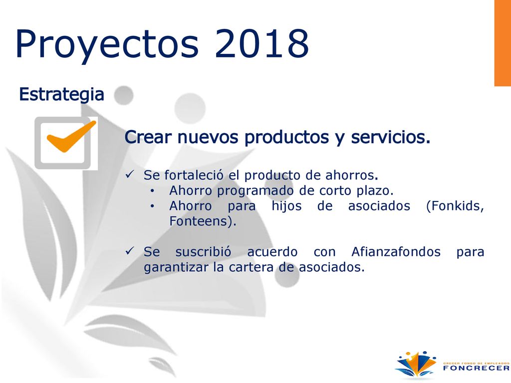 Proyectos 2018 Estrategia Crear nuevos productos y servicios.