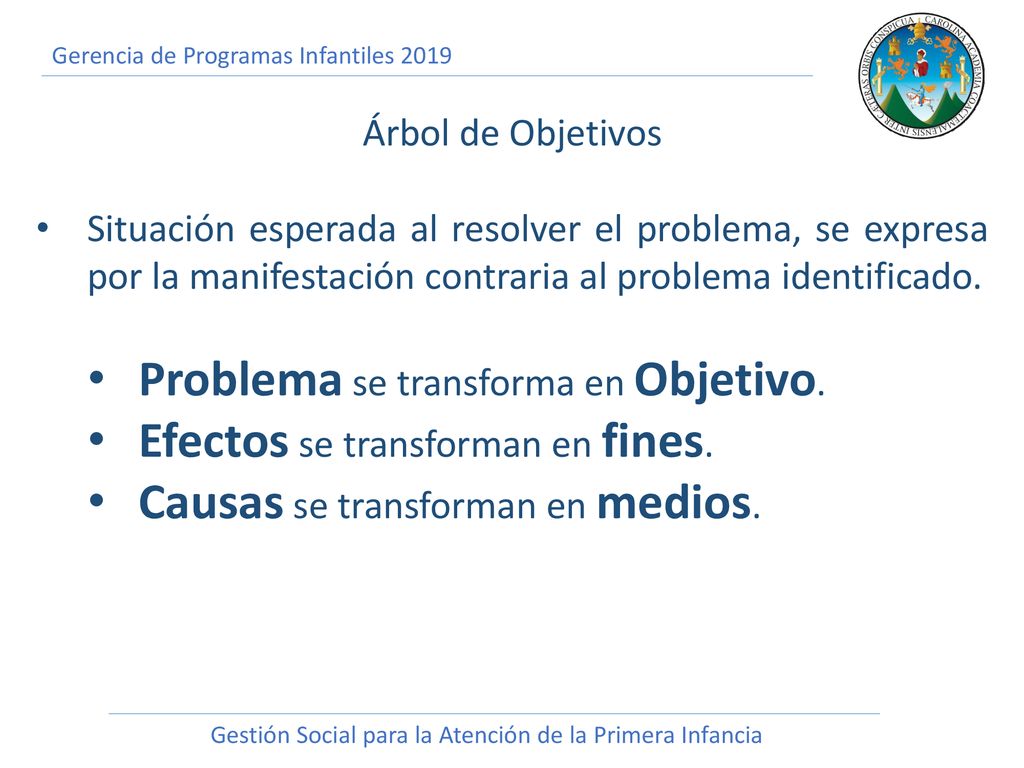 Problema se transforma en Objetivo. Efectos se transforman en fines.