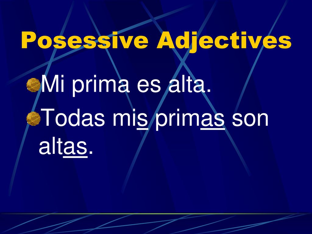 Posessive Adjectives Mi prima es alta. Todas mis primas son altas.